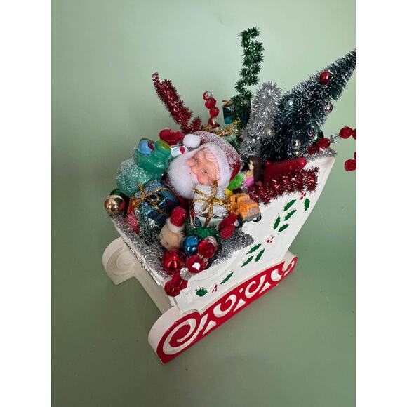 Vintage-Style Handmade Christmas Santa Sleigh Assemblage – Bottle Brush Tree - Picture 2 of 10